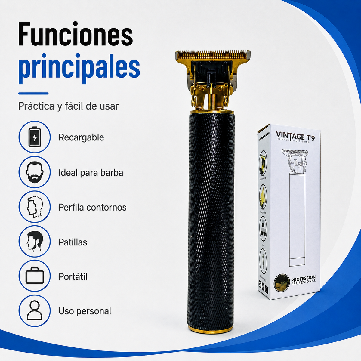 Funciones de la afeitadora recargable T9 para barba, patillas y contornos