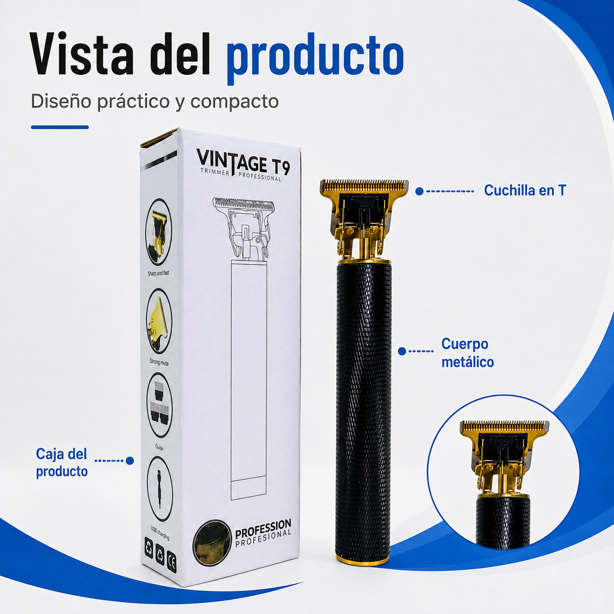 Vista de la afeitadora Vintage T9 con cuchilla en T y cuerpo metálico