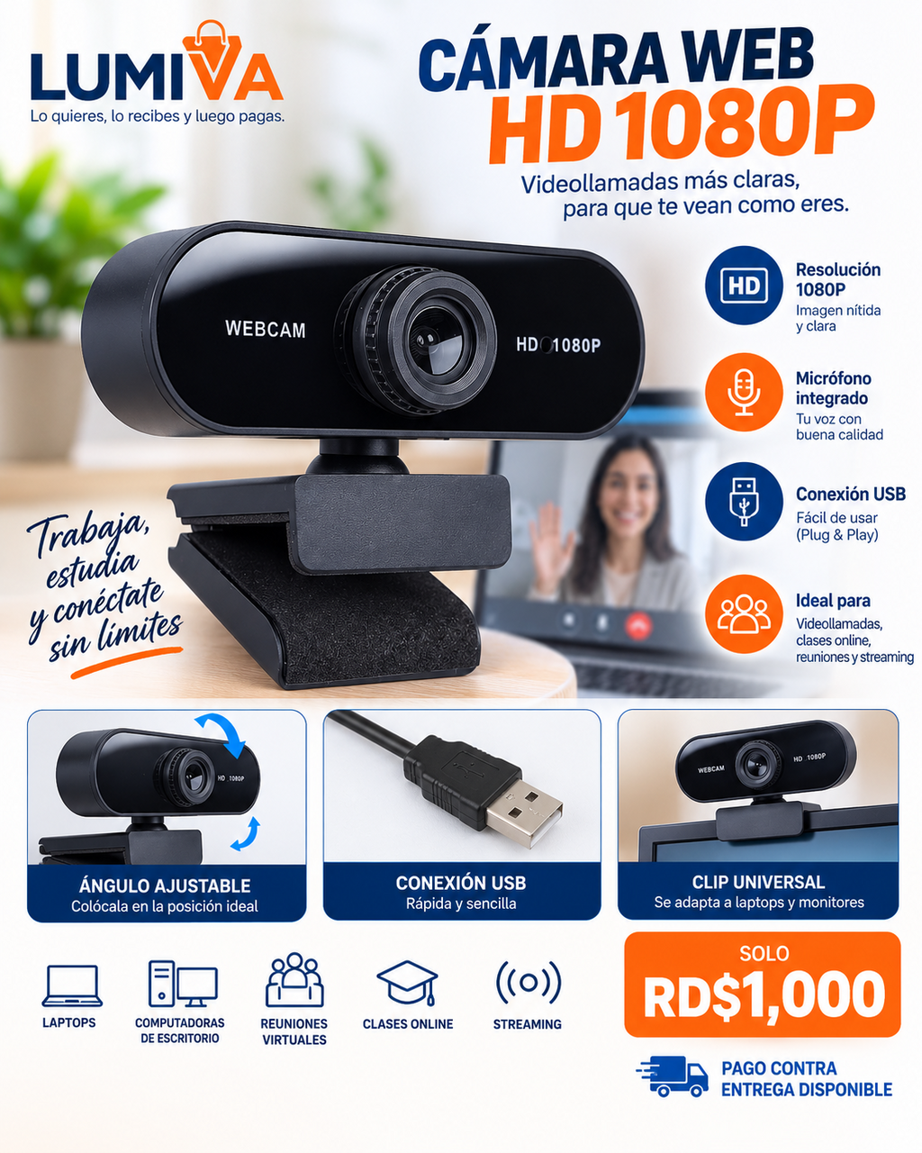 Webcam HD 1080P con clip para laptops y monitores