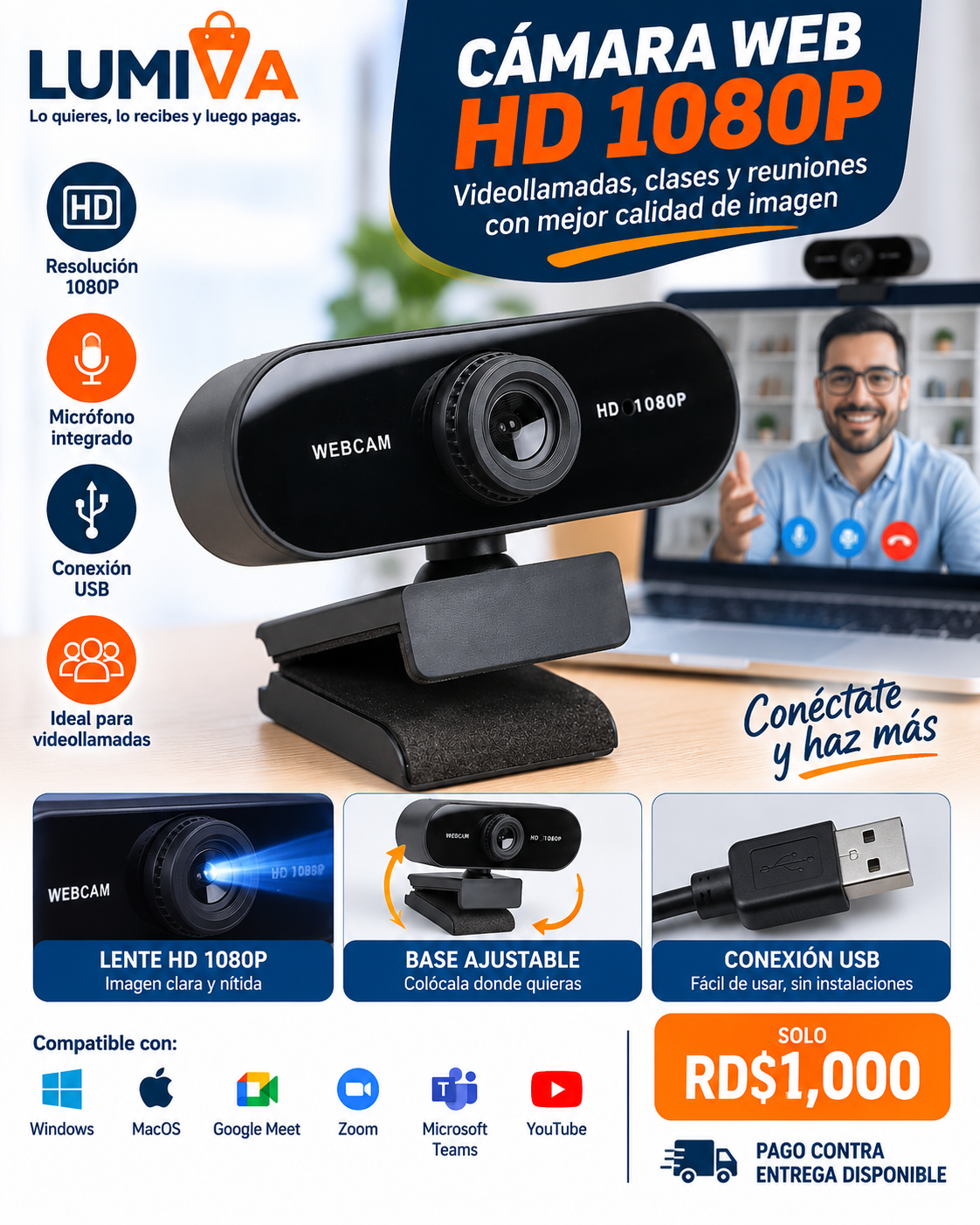 Cámara web con conexión USB y base ajustable para computadora