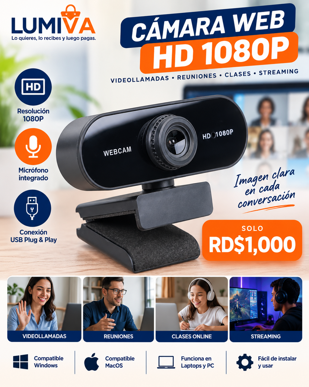 Cámara Web USB HD 1080P para PC y videollamadas - RD$1,000