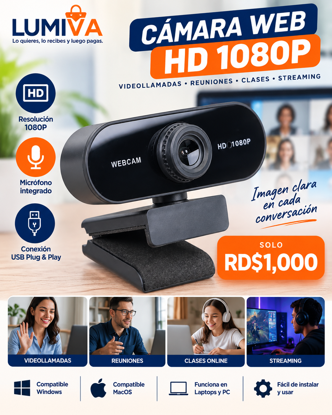 Cámara Web USB HD 1080P para PC y videollamadas - RD$1,000