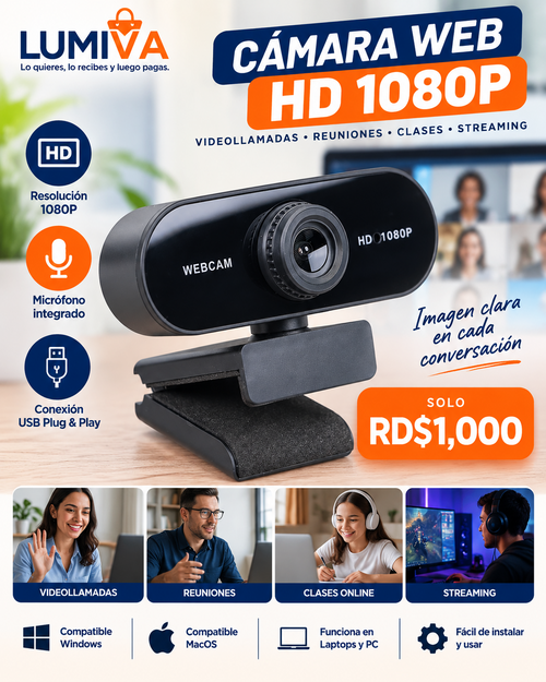 Cámara Web USB HD 1080P para PC y videollamadas - RD$1,000