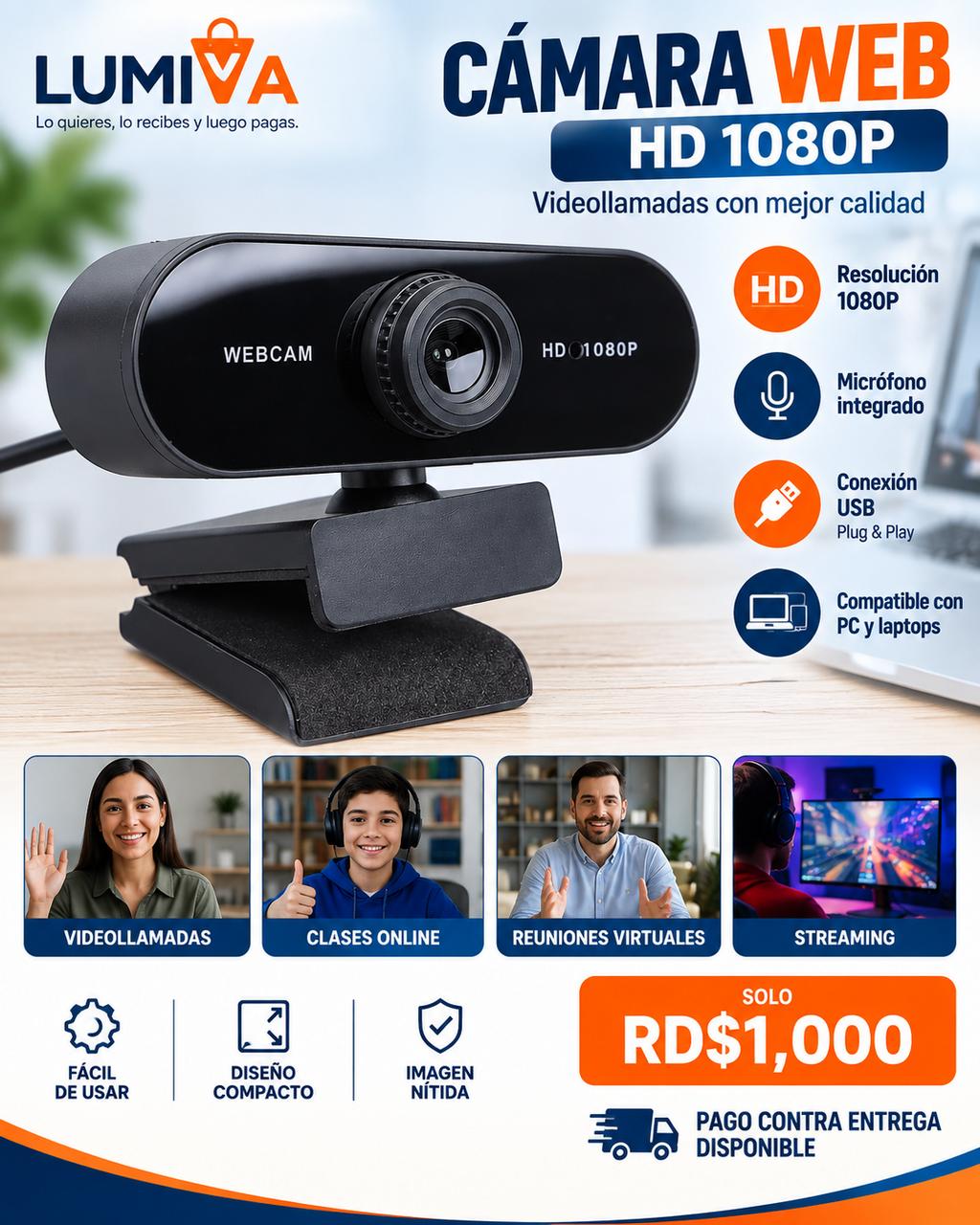 Webcam USB para videollamadas, clases online, reuniones y streaming