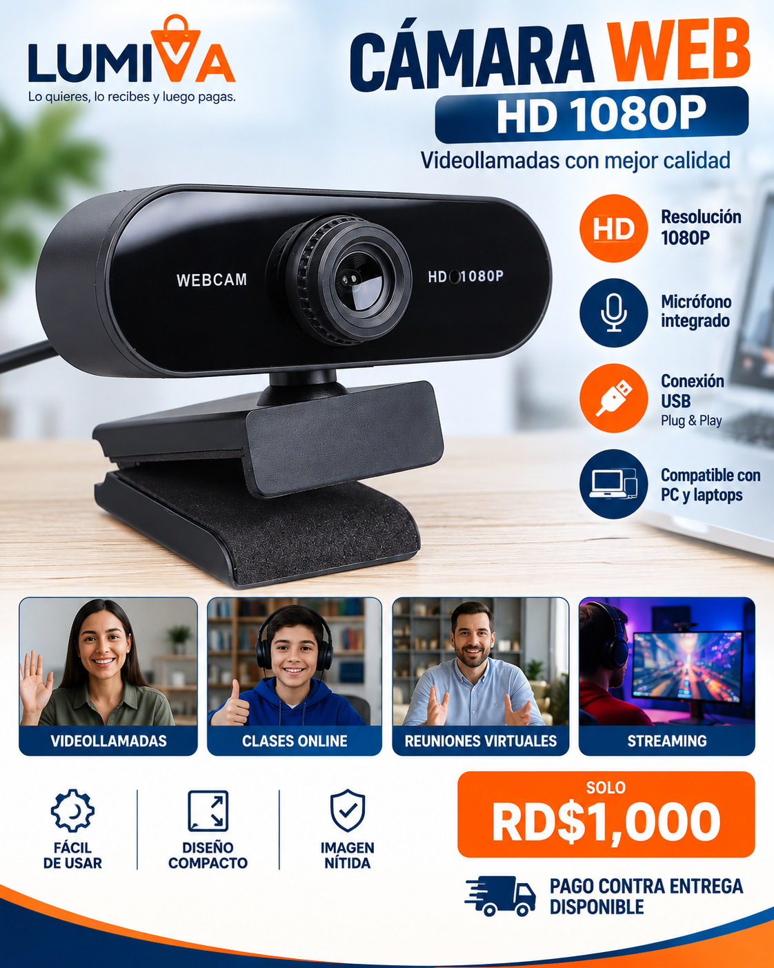 Webcam USB para videollamadas, clases online, reuniones y streaming