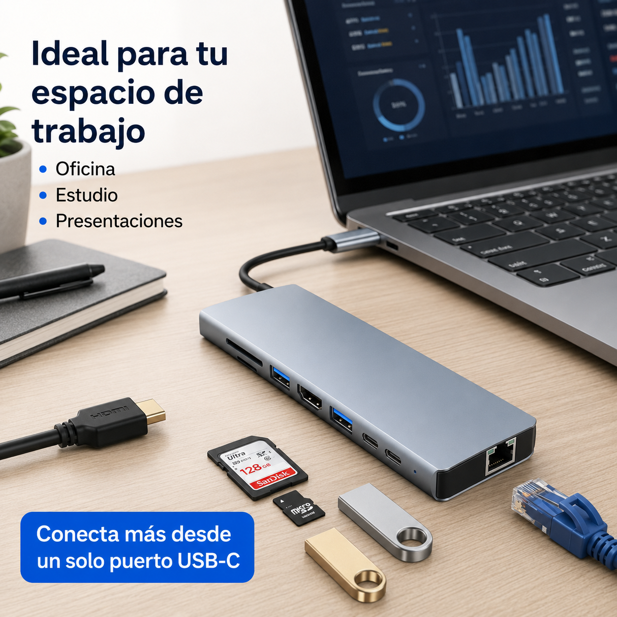 Hub USB-C 8 en 1 para oficina, estudio y presentaciones