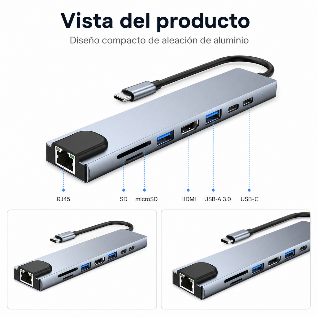 Vista de puertos del Hub USB-C 8 en 1