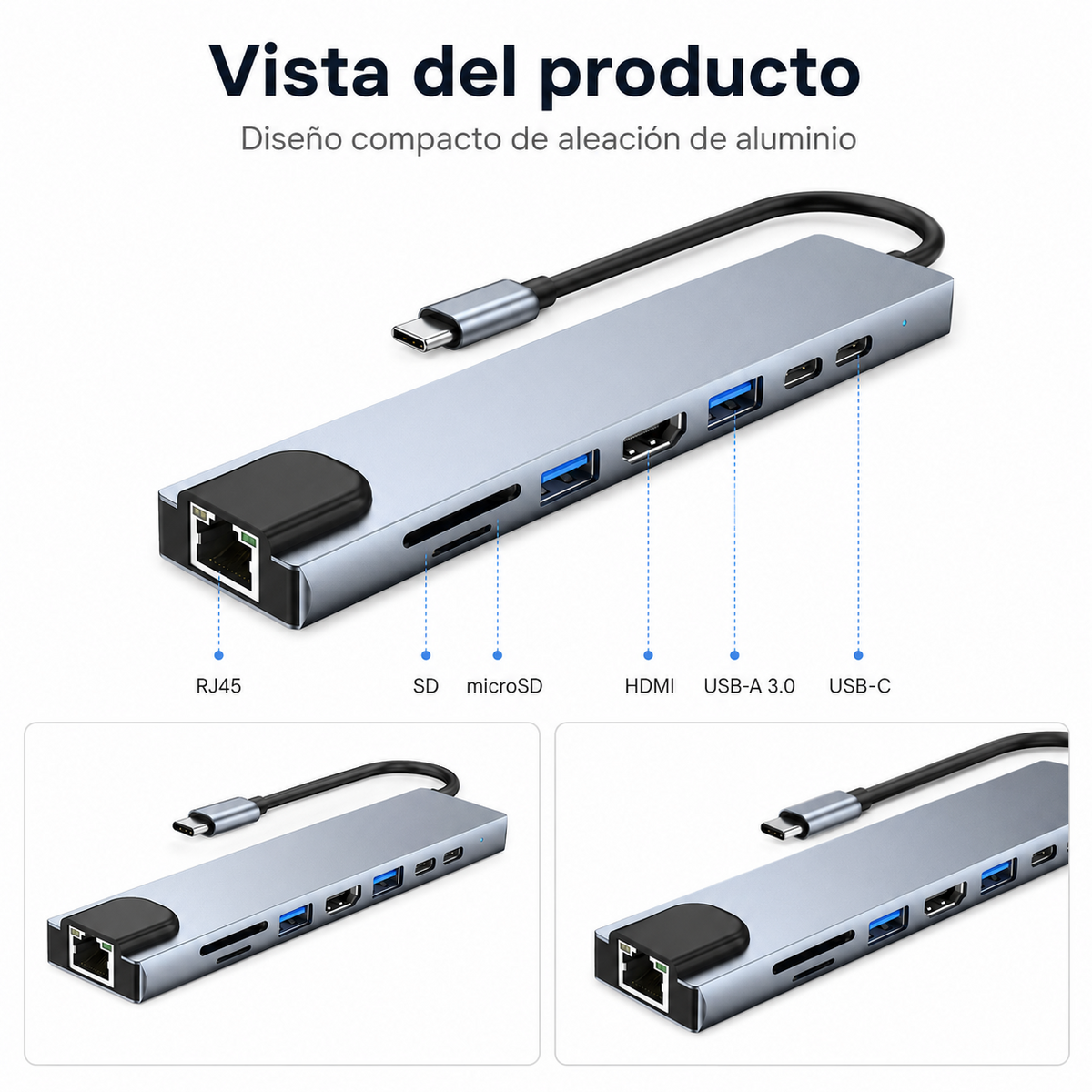 Vista de puertos del Hub USB-C 8 en 1
