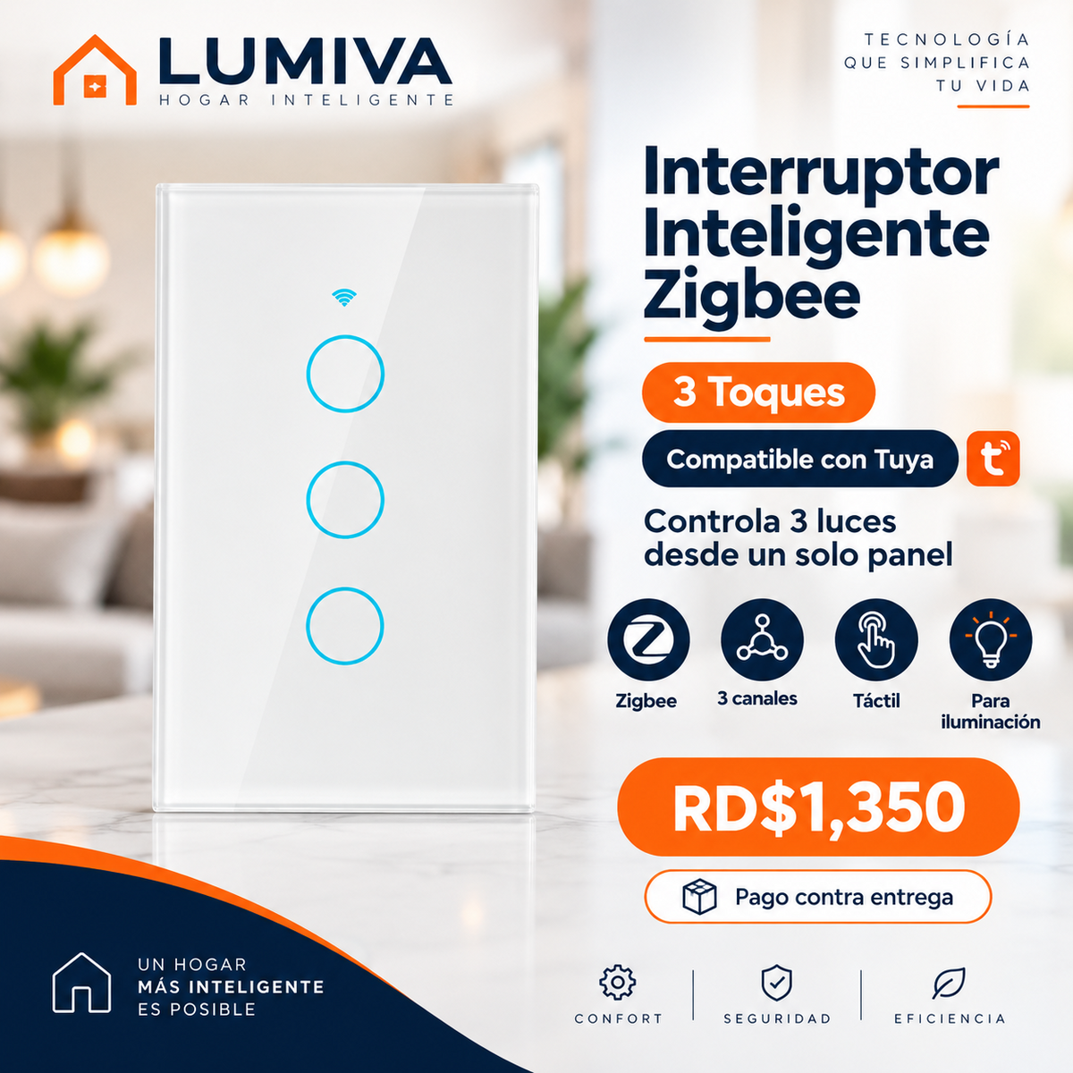 Interruptor Inteligente Zigbee de 3 Toques compatible con Tuya - RD$1,350