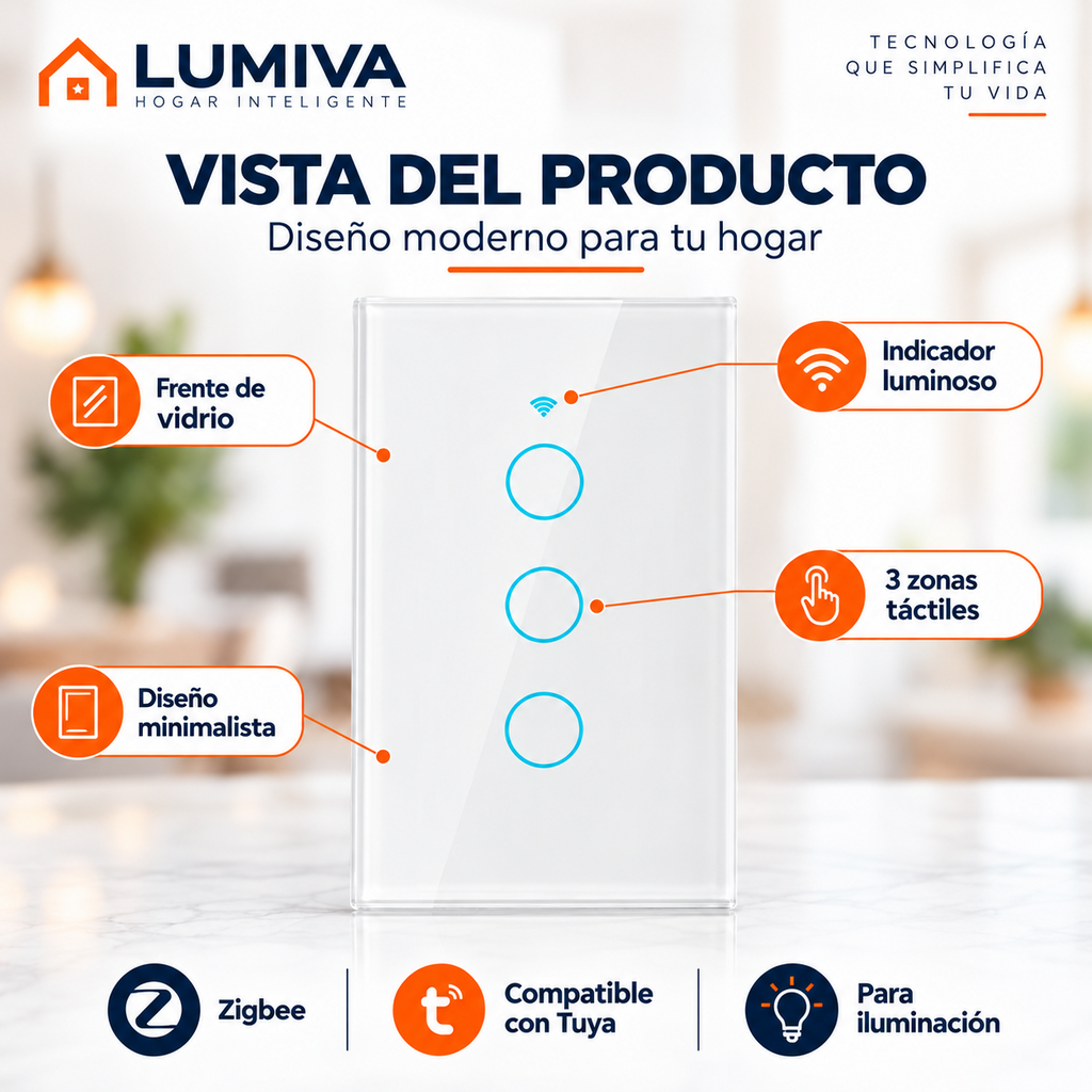 Vista del interruptor Zigbee de 3 toques con frente de vidrio