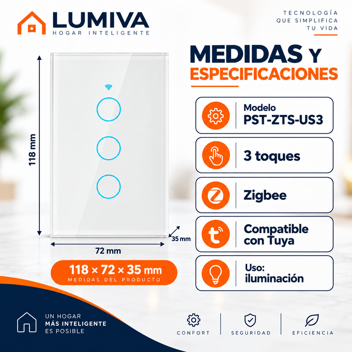 Medidas y especificaciones del interruptor PST-ZTS-US3