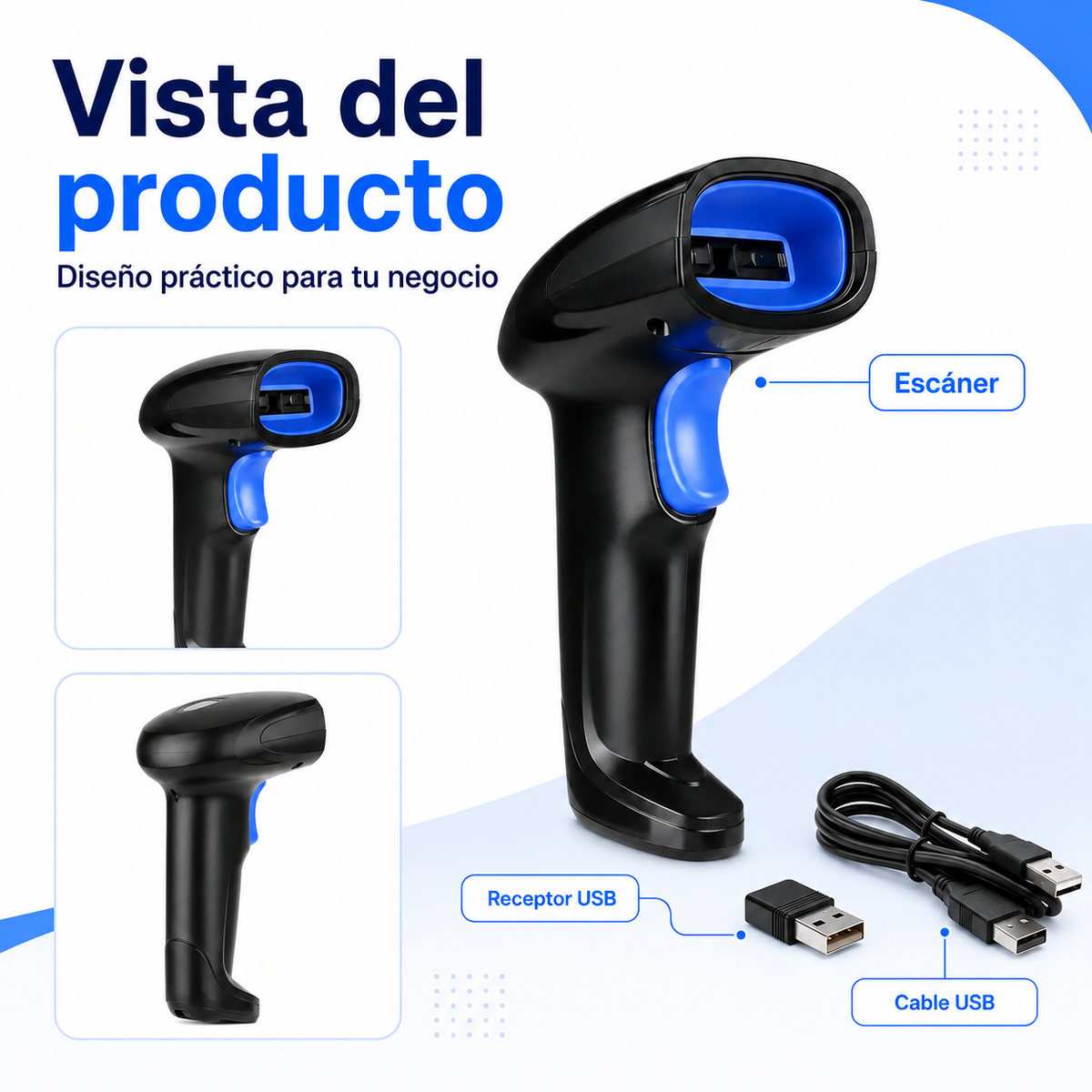 Lector de códigos con receptor USB y cable USB