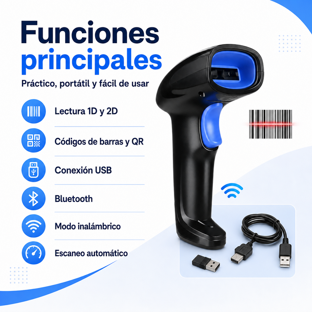 Funciones del lector inalámbrico 1D y 2D USB Bluetooth