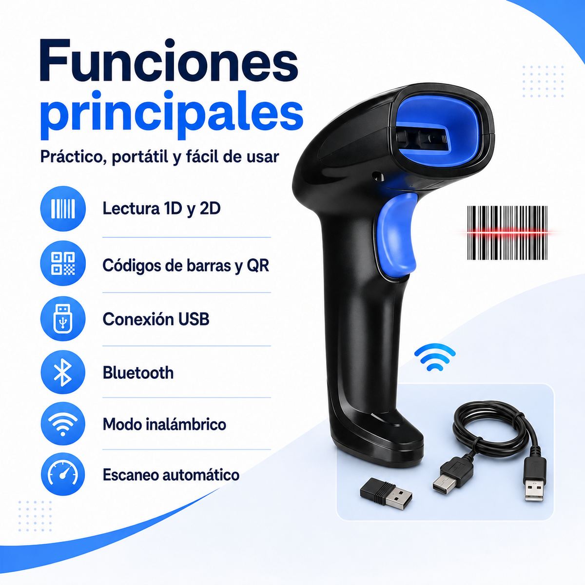 Funciones del lector inalámbrico 1D y 2D USB Bluetooth