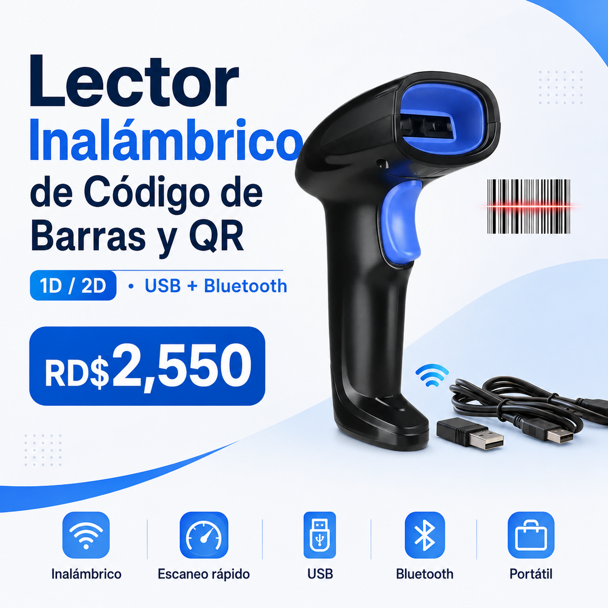 Lector inalámbrico de códigos de barras y QR 1D/2D - RD$2,550
