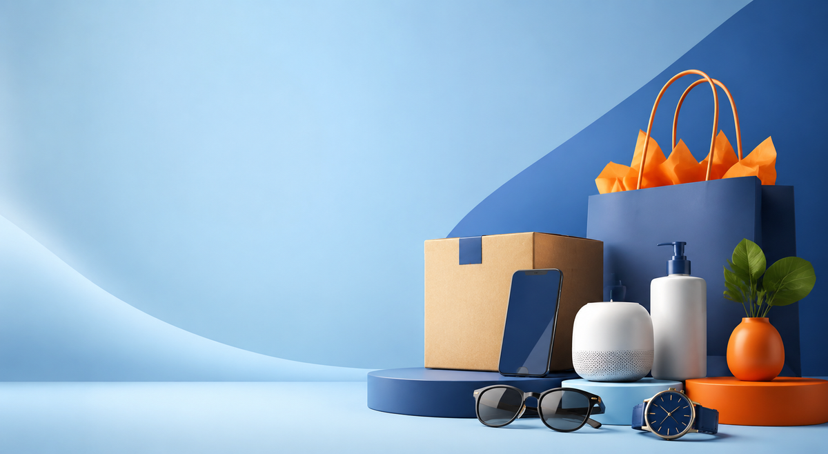 Productos variados de Lumiva con colores azul y naranja