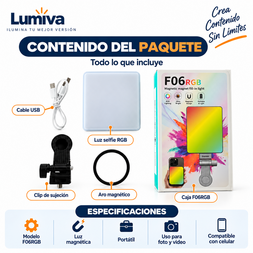 Contenido del paquete de la luz selfie magnética RGB F06