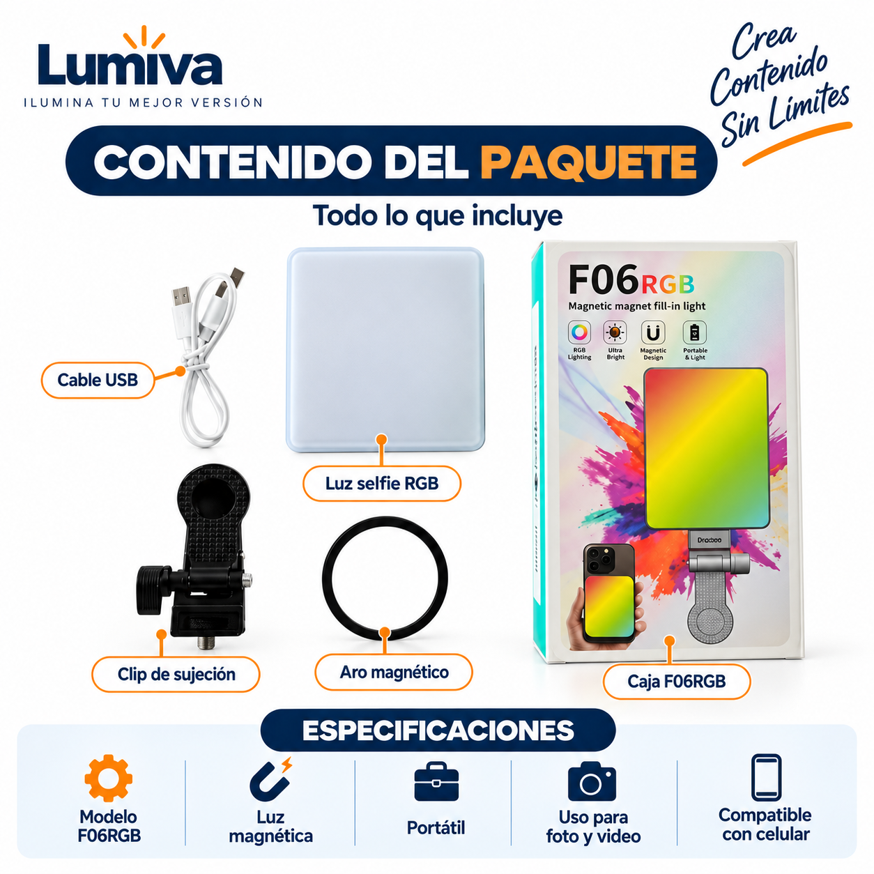 Contenido del paquete de la luz selfie magnética RGB F06