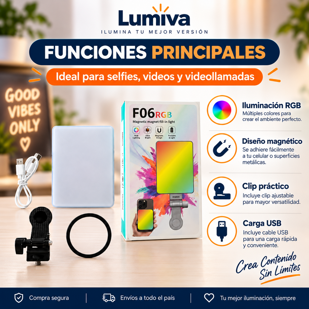 Funciones principales de la luz selfie magnética RGB F06
