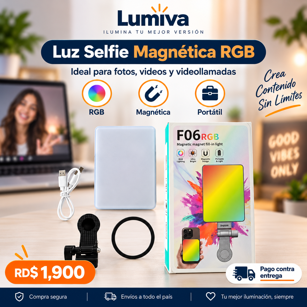 Luz Selfie Magnética RGB F06 para celular y video - RD$1,900