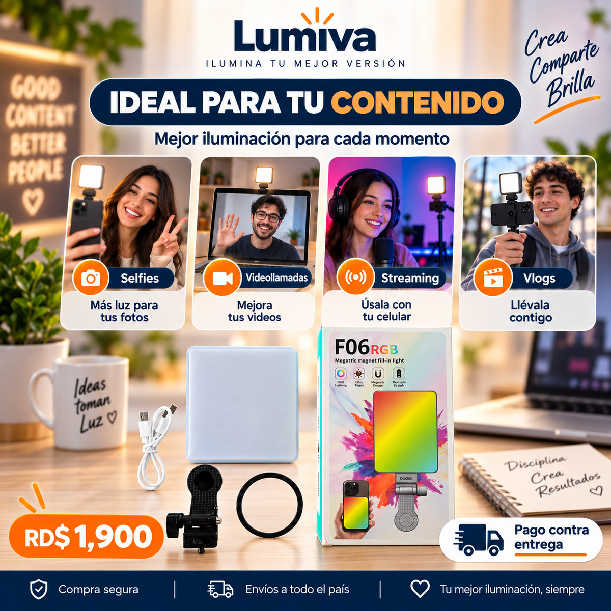 Luz portátil F06RGB para selfies, videollamadas, streaming y vlogs