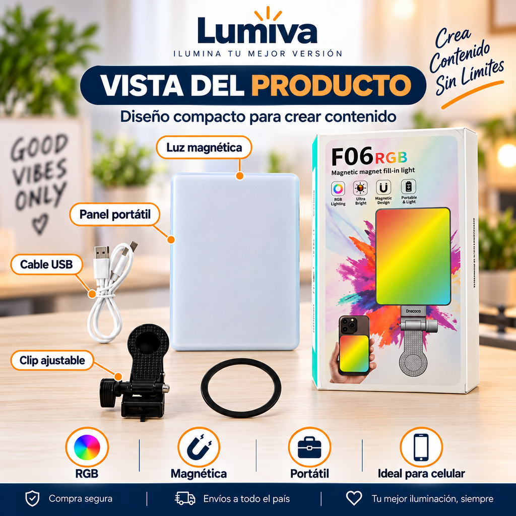Vista de la luz RGB F06 con cable USB, clip y aro magnético