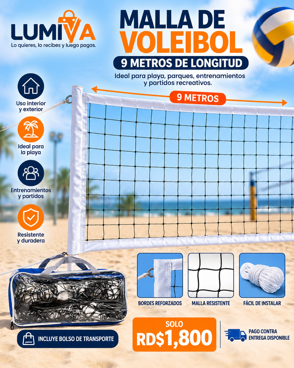 Malla de voleibol con bolsa de transporte y cuerdas para instalación
