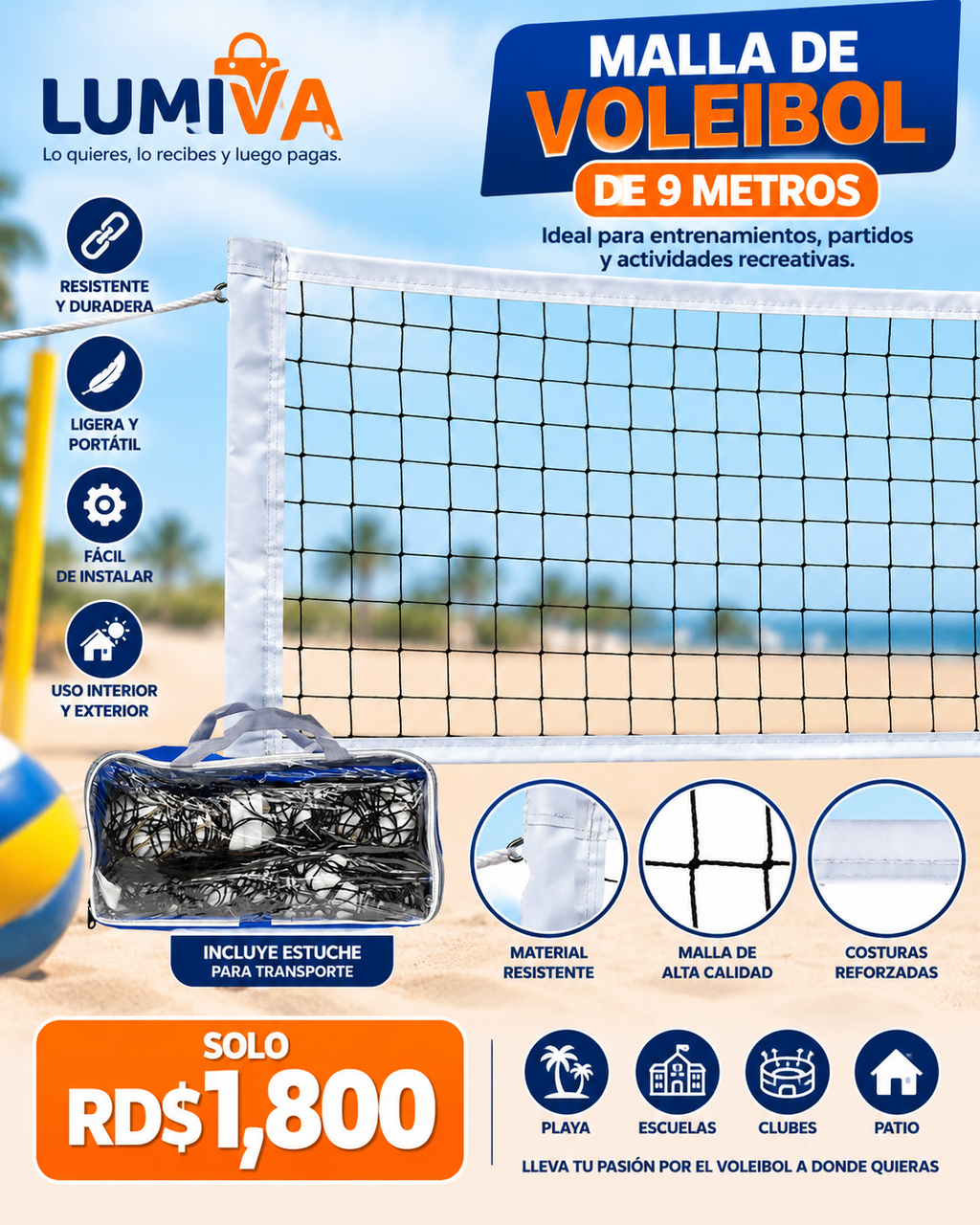 Características de la malla de voleibol portátil de 9 metros