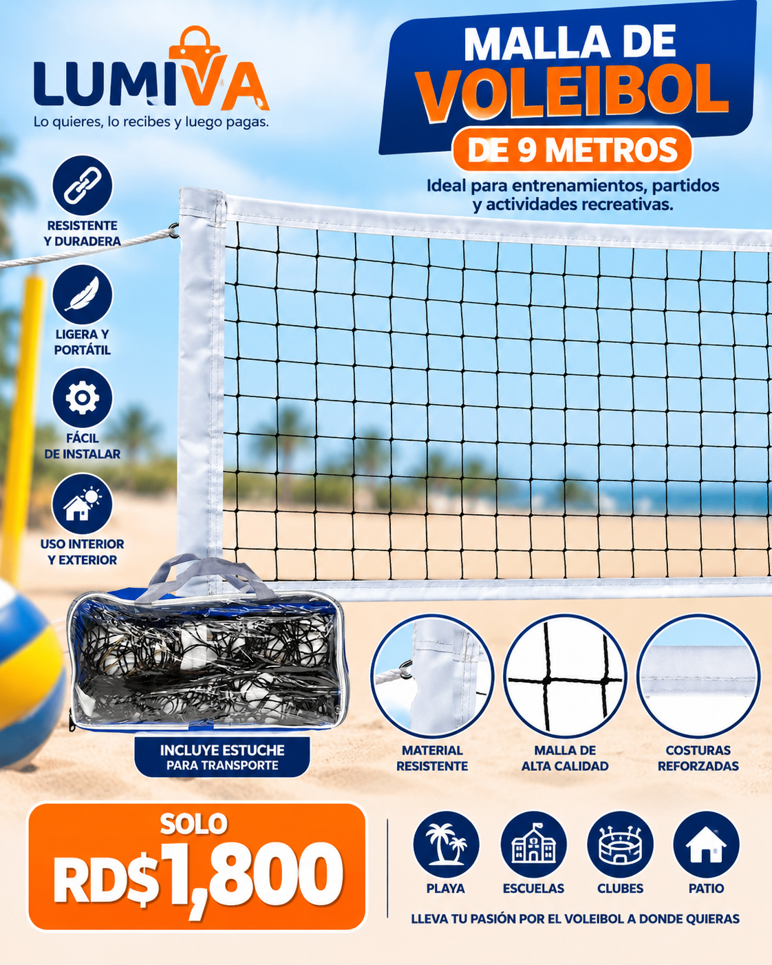 Características de la malla de voleibol portátil de 9 metros