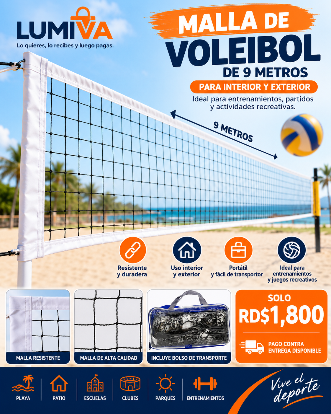 Malla de voleibol de 9 metros para interior, exterior y playa