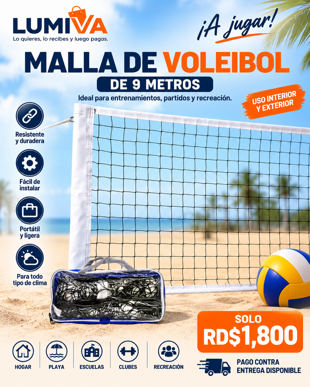 Malla portátil para entrenamientos y partidos de voleibol en la playa