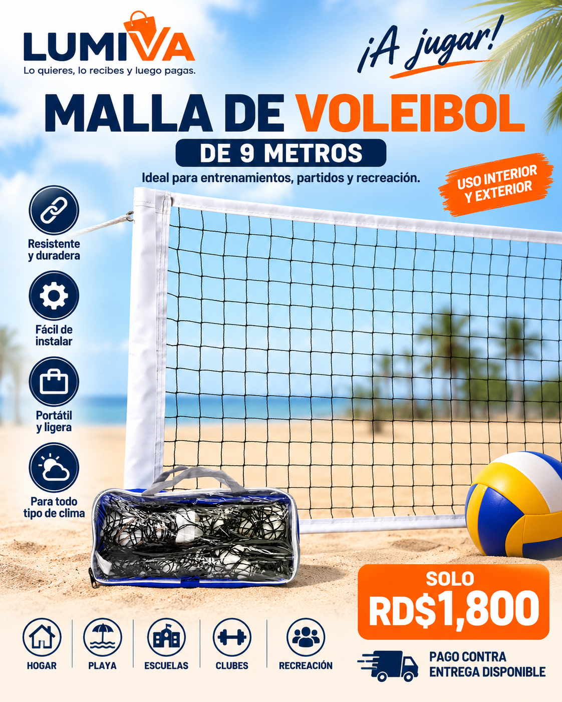 Malla portátil para entrenamientos y partidos de voleibol en la playa