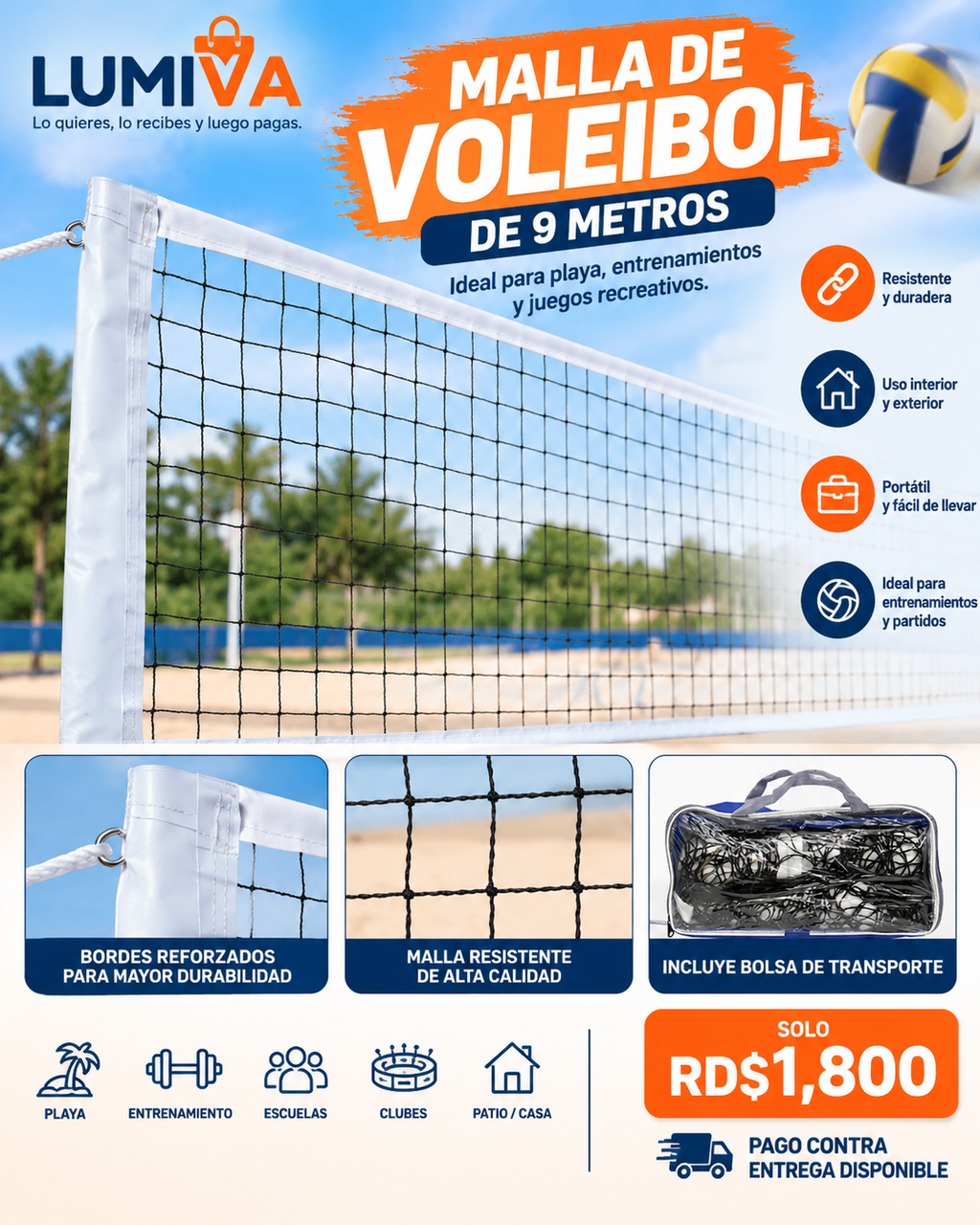 Malla de voleibol portátil de 9 metros - RD$1,800