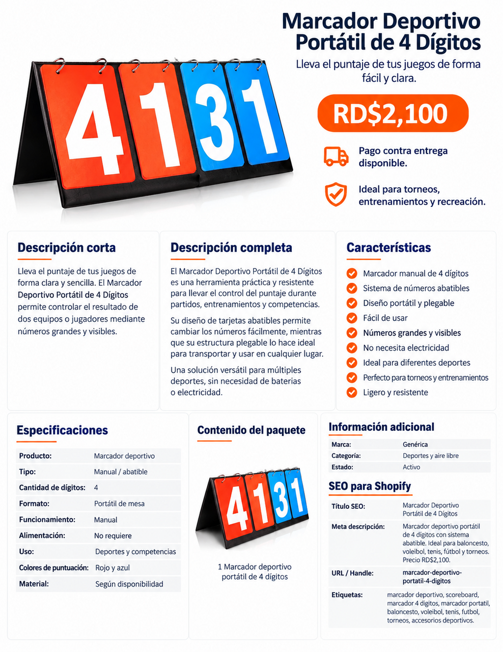 Características y especificaciones del marcador deportivo de 4 dígitos