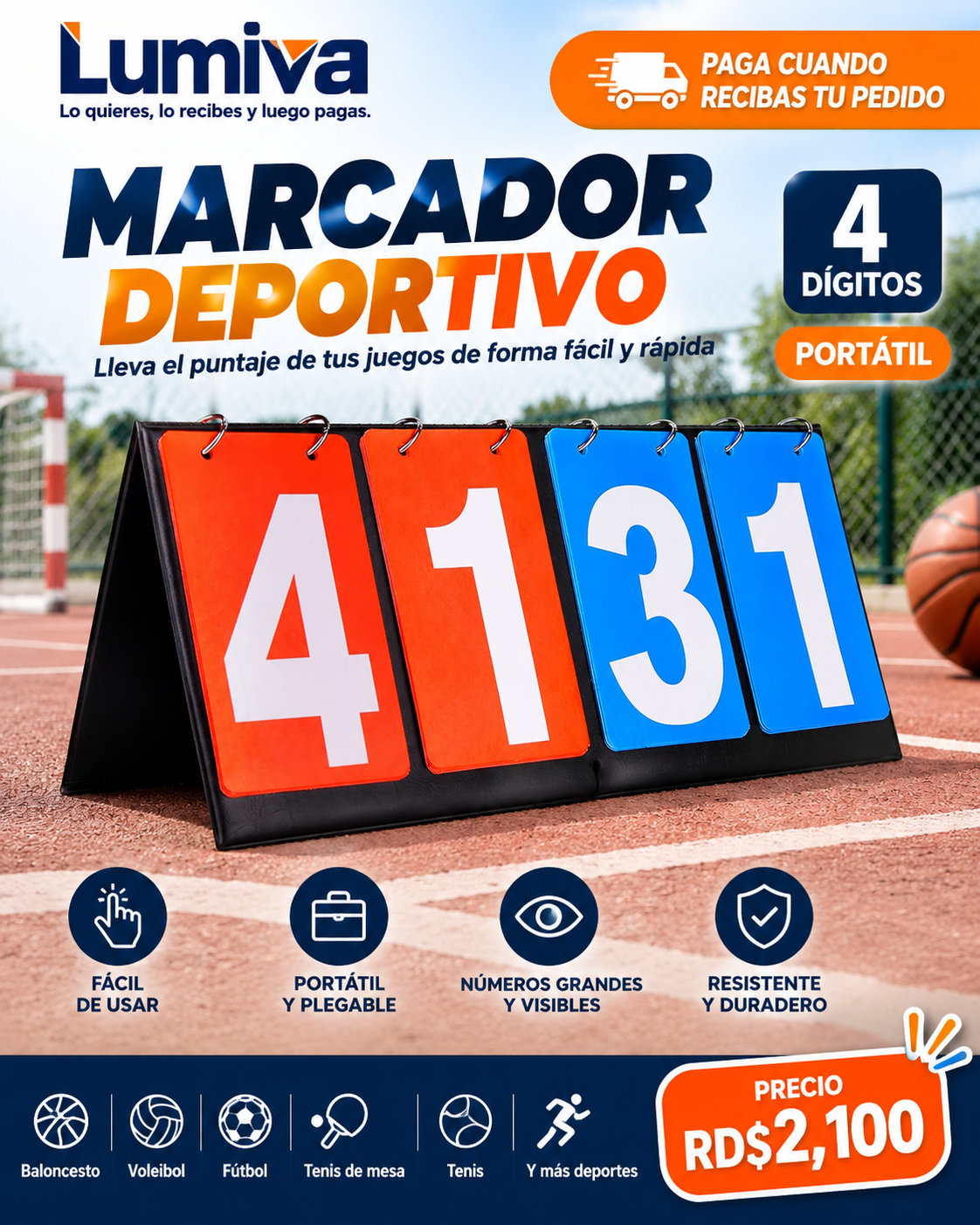 Marcador portátil para baloncesto, voleibol, fútbol, tenis y otros deportes