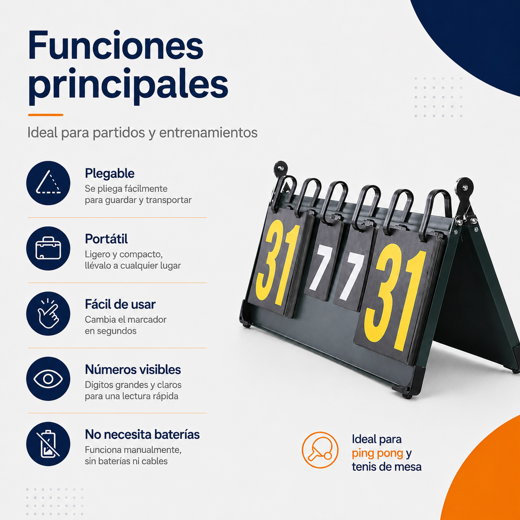 Funciones del marcador portátil para ping pong y tenis de mesa
