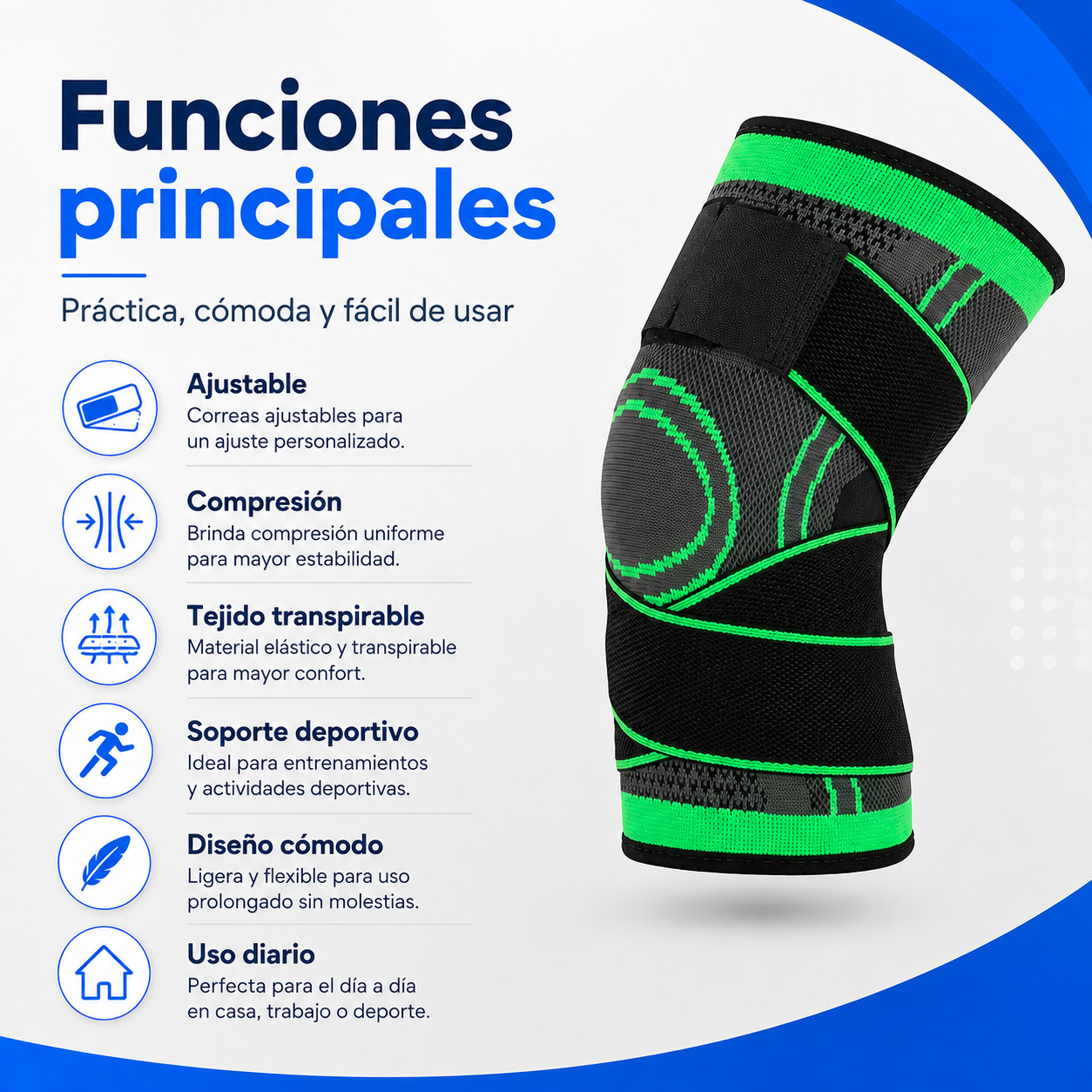 Funciones de la rodillera deportiva ajustable de compresión