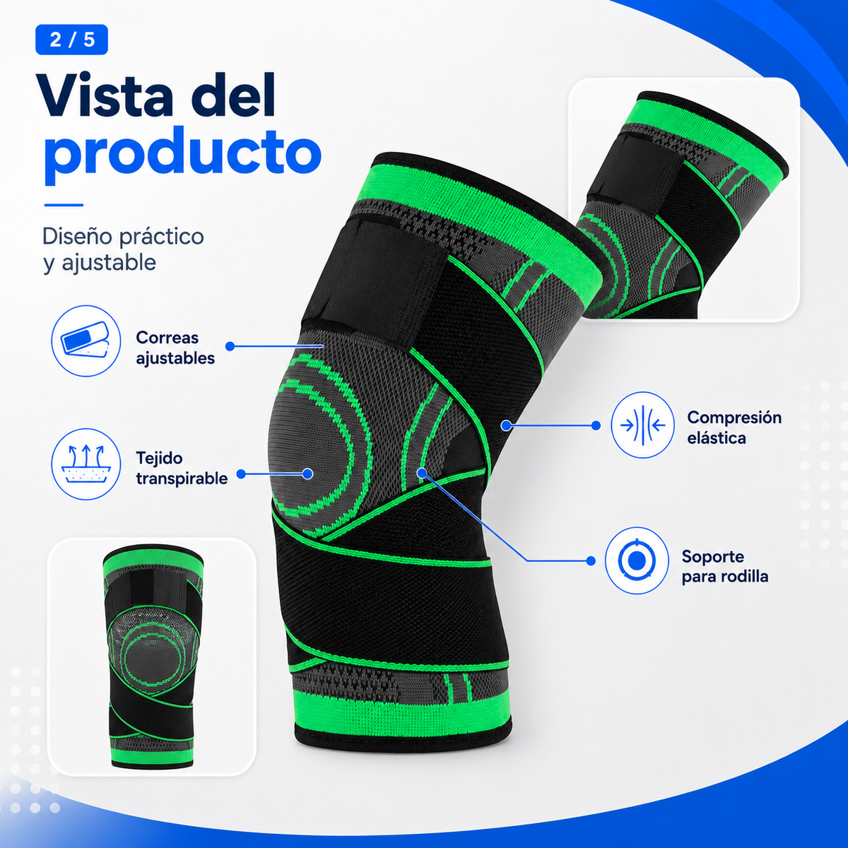 Vista de la rodillera deportiva con correas ajustables y tejido transpirable