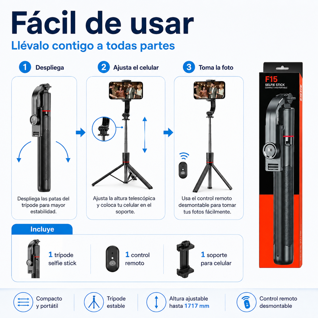 Uso y contenido del Selfie Stick Trípode F15