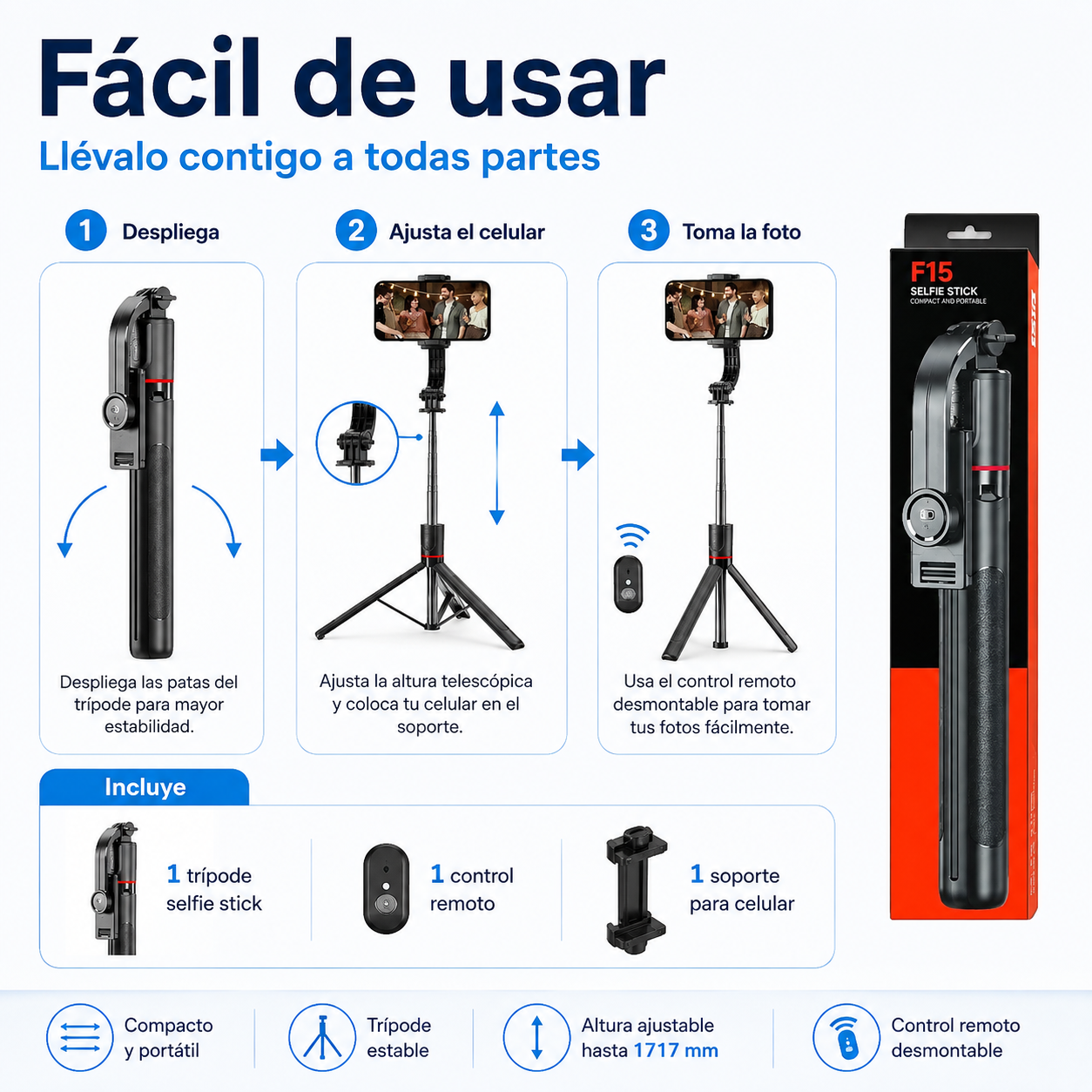 Uso y contenido del Selfie Stick Trípode F15