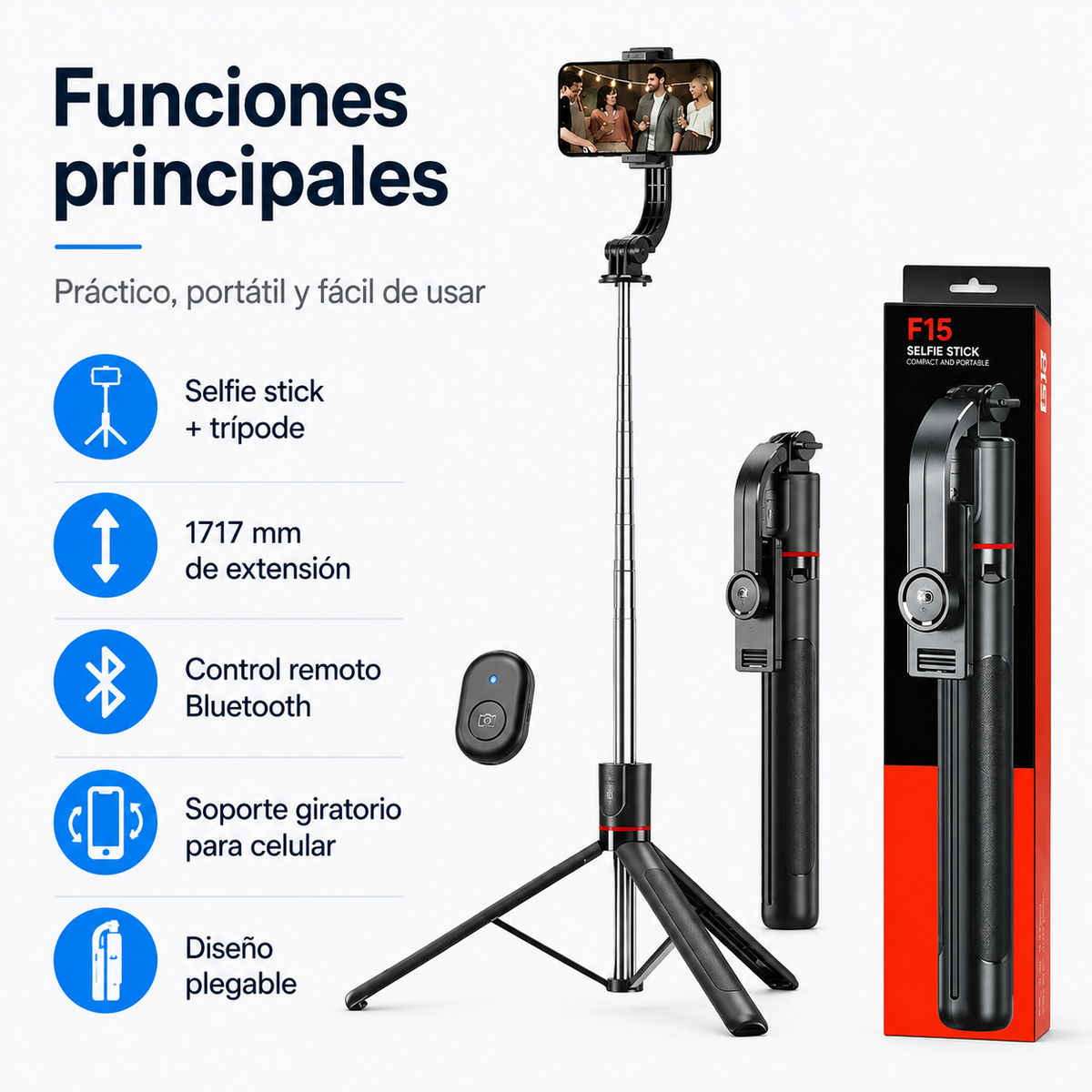 Funciones del Selfie Stick Trípode F15 con control Bluetooth