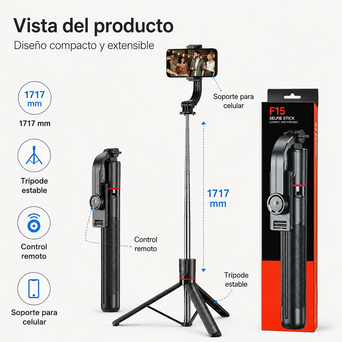 Vista del Selfie Stick Trípode F15 extensible a 1717 mm