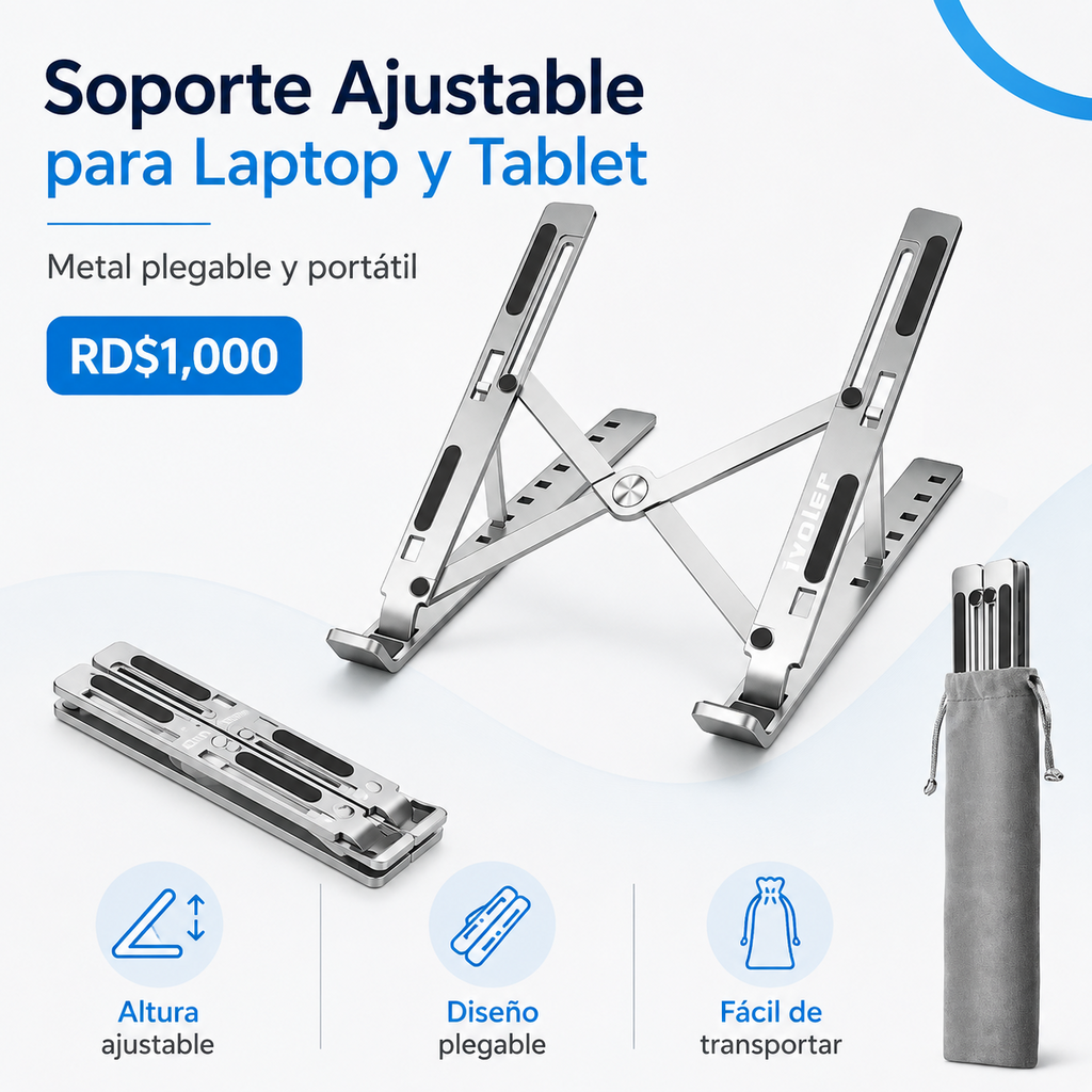 Soporte ajustable plegable para laptop y tablet de metal - RD$1,000