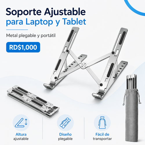 Soporte ajustable plegable para laptop y tablet de metal - RD$1,000