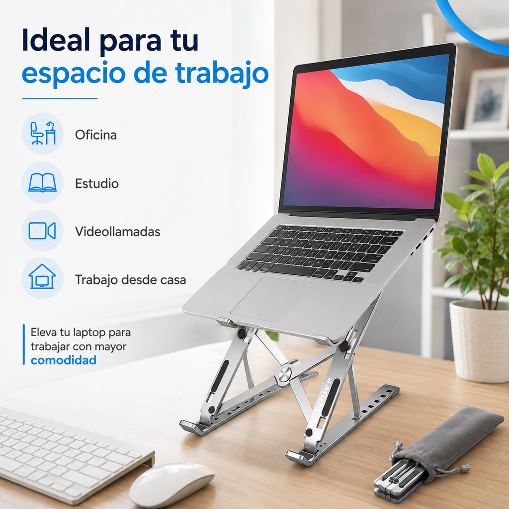 Soporte ajustable con laptop en un espacio de trabajo