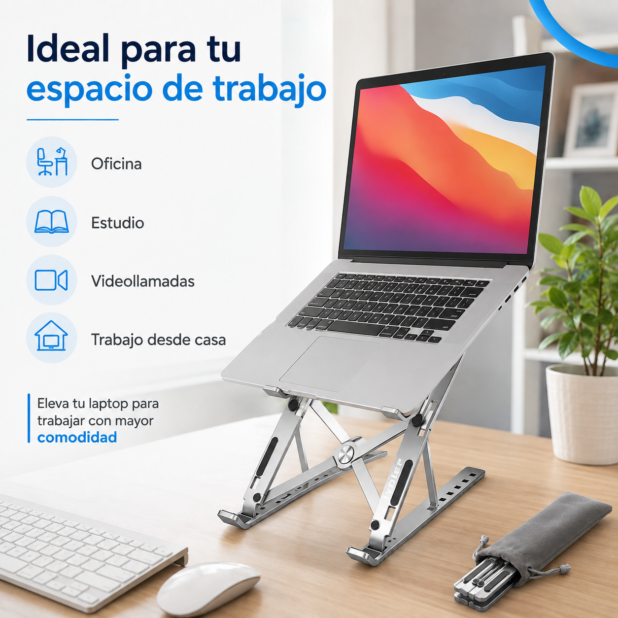 Soporte ajustable con laptop en un espacio de trabajo