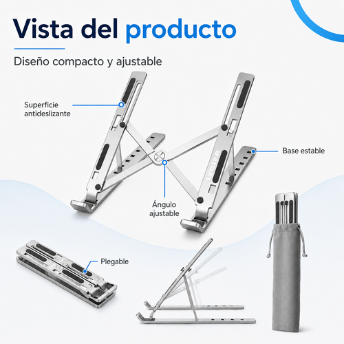 Vista del soporte ajustable para laptop y tablet con superficie antideslizante